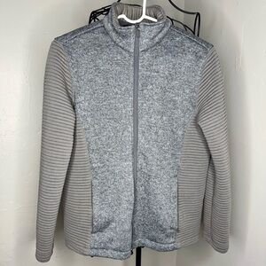 Lands’ End High Neck Textured Full Zip Sweater Jacket Gray Taupe Women’s M